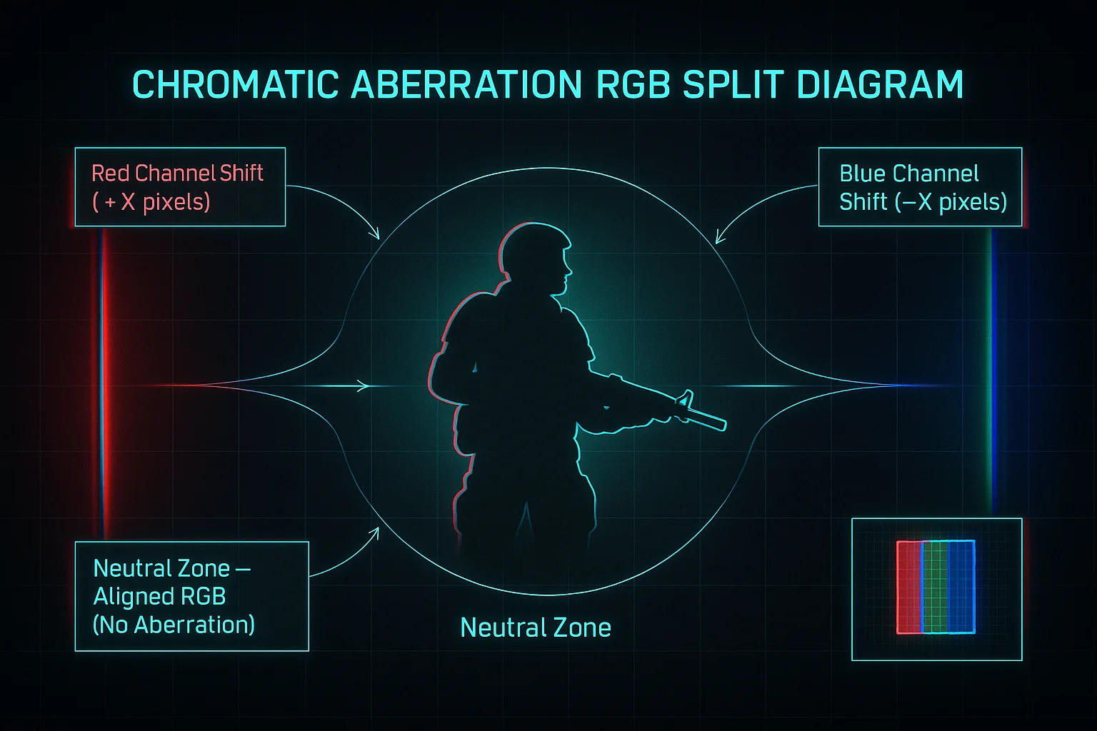 An educational infographic explaining chromatic aberration in games. It shows a central sharp soldier silhouette surrounded by RGB color fringinred light shifted left, blue shifted right, and green aligned in the center. Neon cyan arrows and labels illustrate how color channels misalign near the screen edges, with a magnified pixel inset showing separated RGB subpixels on a dark, grid-style background.
