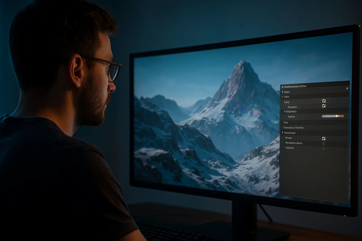 A realistic photo of a game developer working on a monitor showing chromatic aberration shader adjustments for a 3D mountain scene in a dark studio.
