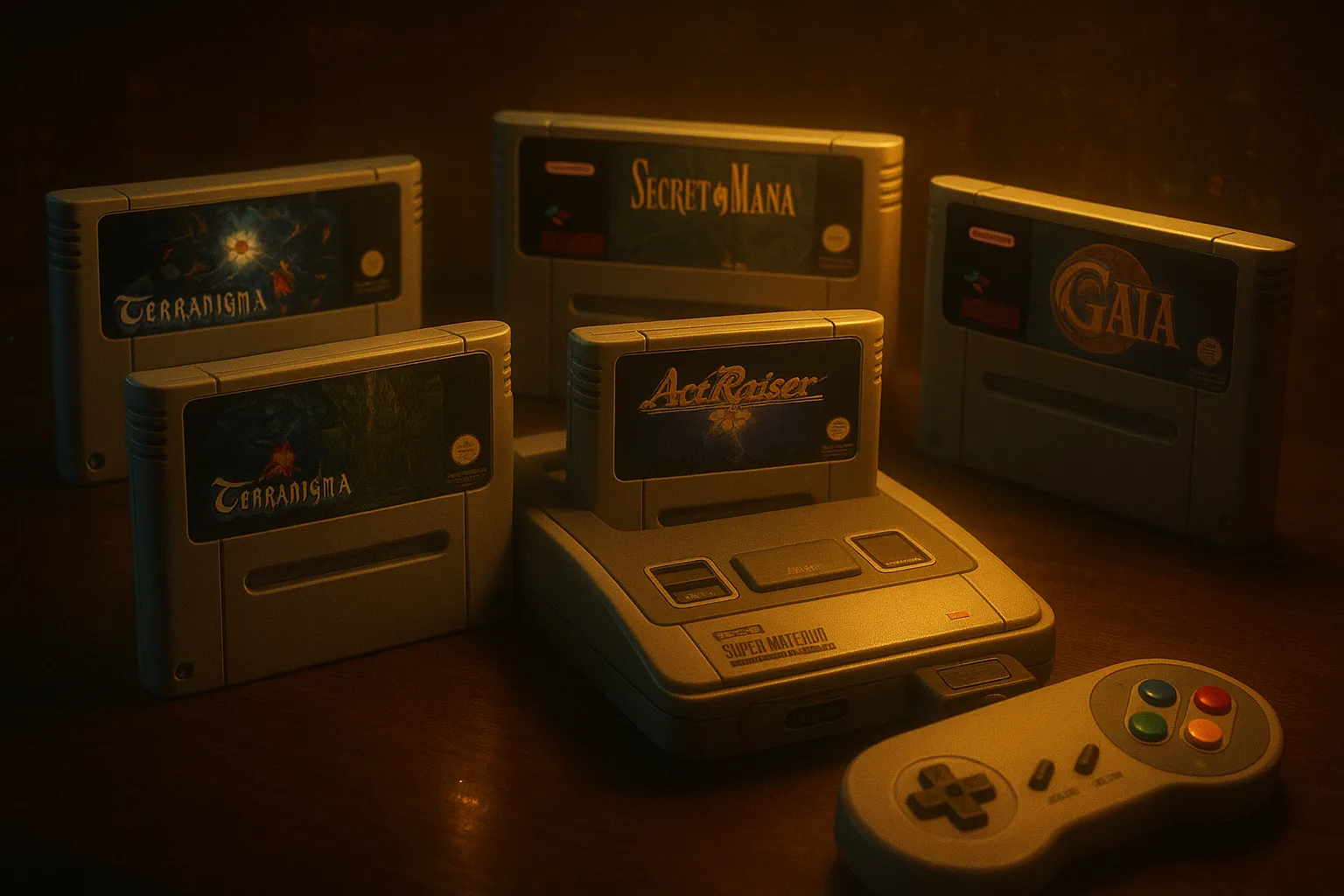 Hidden SNES gems like Terranigma and Secret of Mana on a vintage console with warm nostalgic lighting.