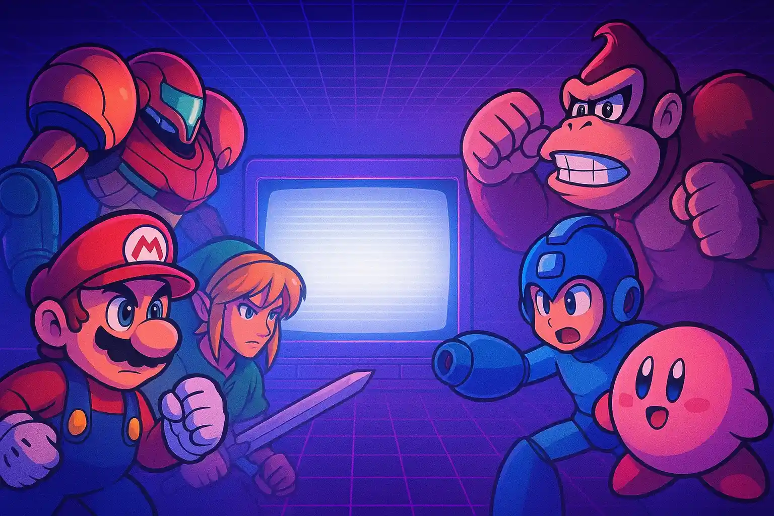 Iconic SNES characters like Mario, Link, and Samus in a retro-futuristic design for top ranked SNES games.
