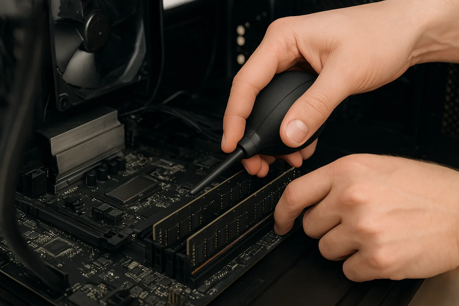 A technician cleaning and inspecting RAM sticks inside a computer to identify and prevent bad RAM symptoms and hardware issues.
