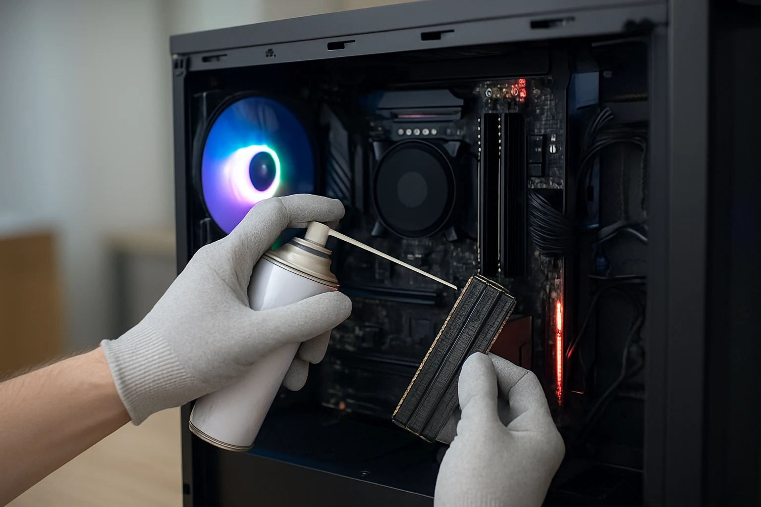 Technician cleaning PC RAM slots to prevent bad RAM symptoms and maintain system performance