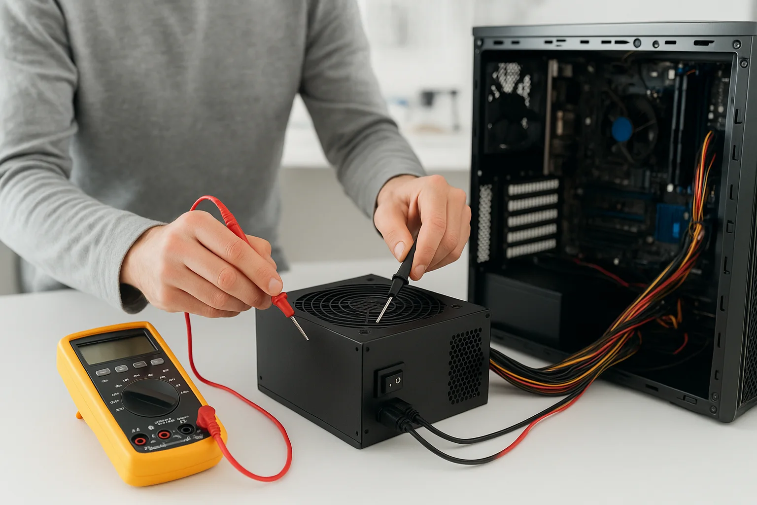 Technician testing computer power supply with multimeter — checking PSU before motherboard diagnosis