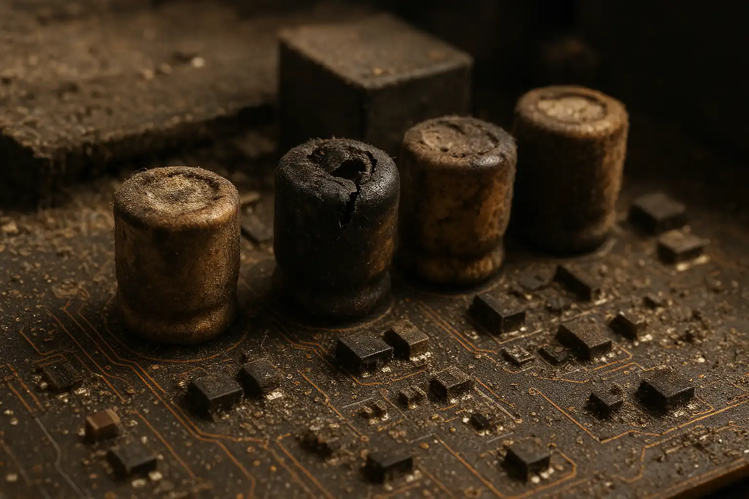 Macro shot of damaged motherboard showing burnt capacitors and corrosion signs