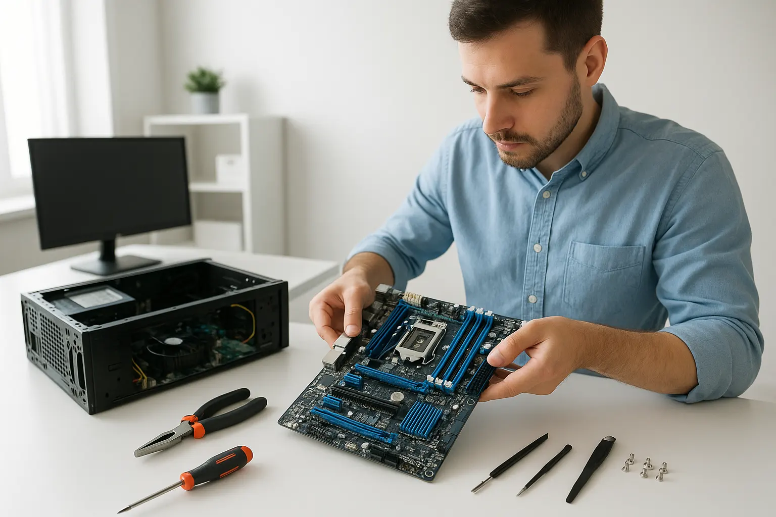Technician replacing a dead motherboard with a new one on clean desk