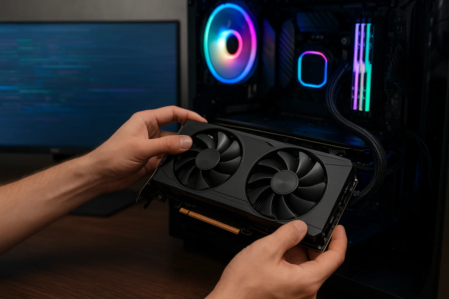 Hands carefully reinstalling a GPU inside a gaming PC with RGB lighting and a glitching monitor in the background