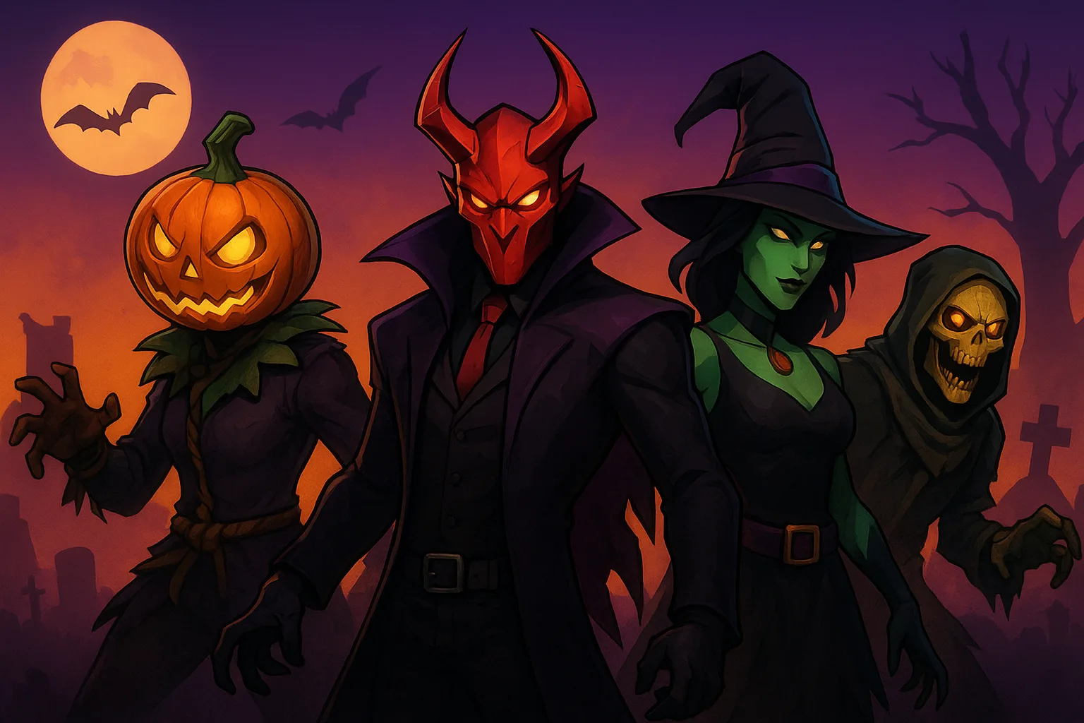 Halloween-themed Fortnite characters including a pumpkin-headed scarecrow, red demon, green-skinned witch, and skeleton in a spooky graveyard under a full moon