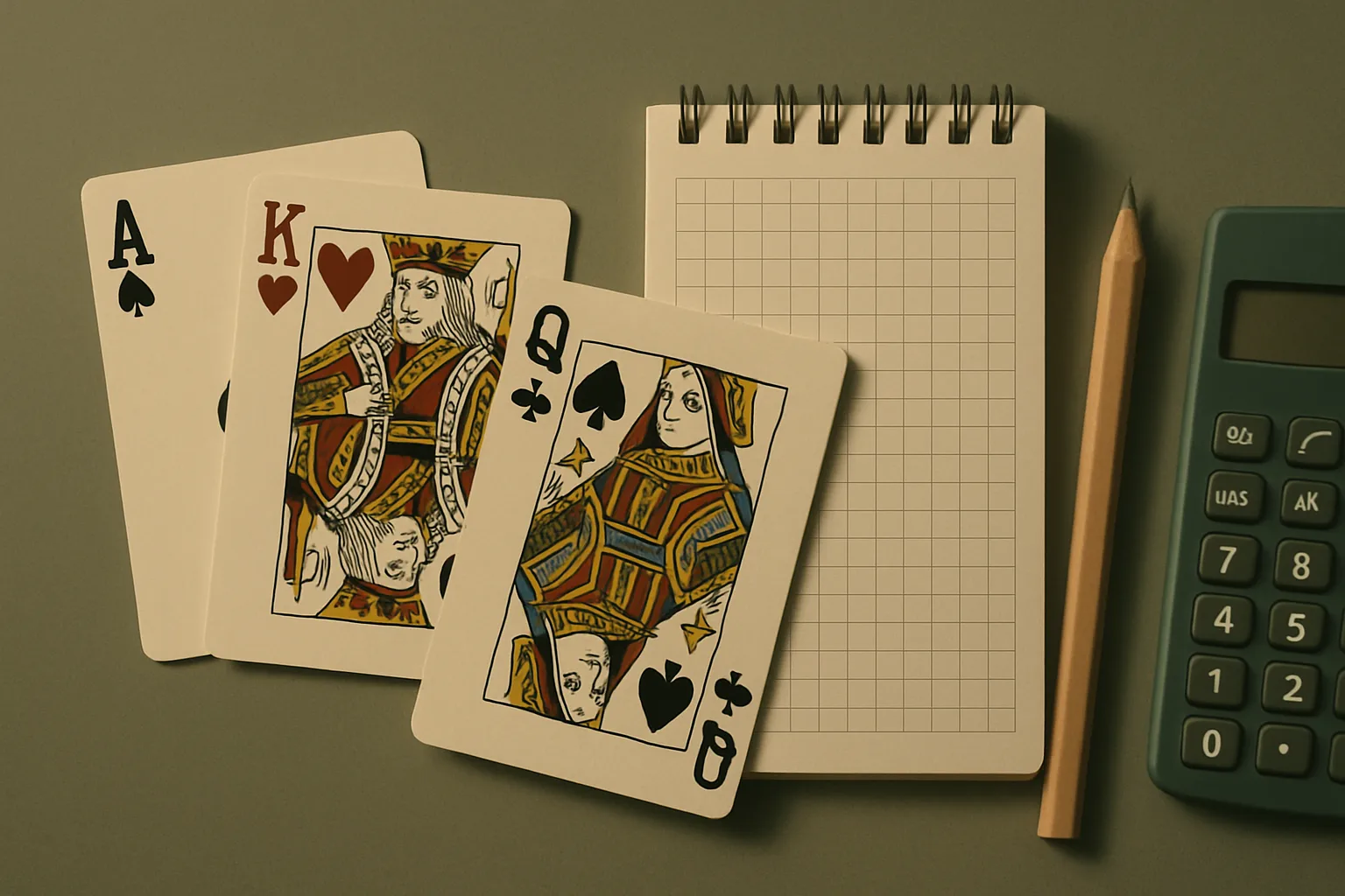 Mathematical concept of solitaire probability with playing cards, notepad, and calculator on a wooden desk in soft natural light.