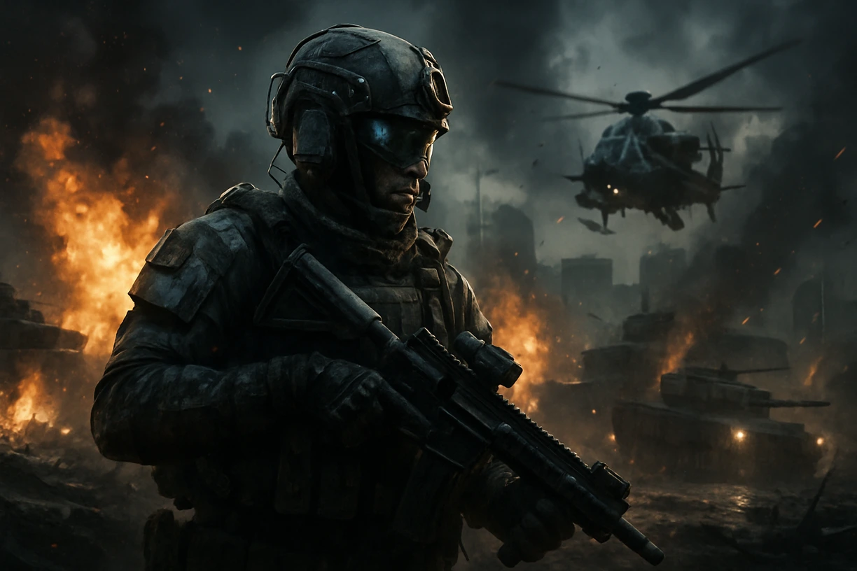 Futuristic soldier in a dramatic Battlefield 6 combat scene with explosions and a helicopter, representing the intense gameplay.