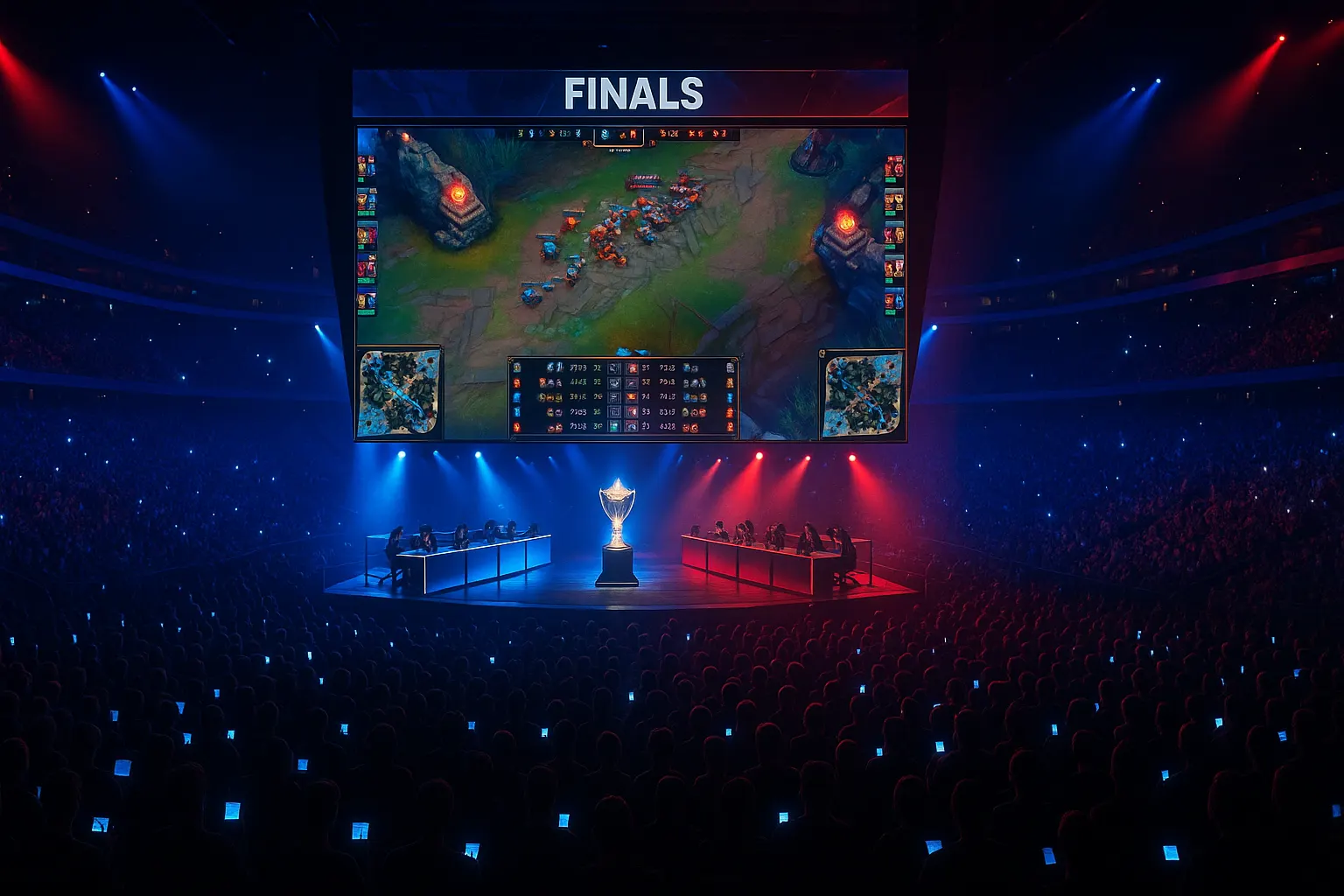 Photorealistic wide-angle view of a packed esports arena during a final, showing the stage, players, a championship trophy, and a large screen displaying a game, illuminated by dramatic red and blue lighting.