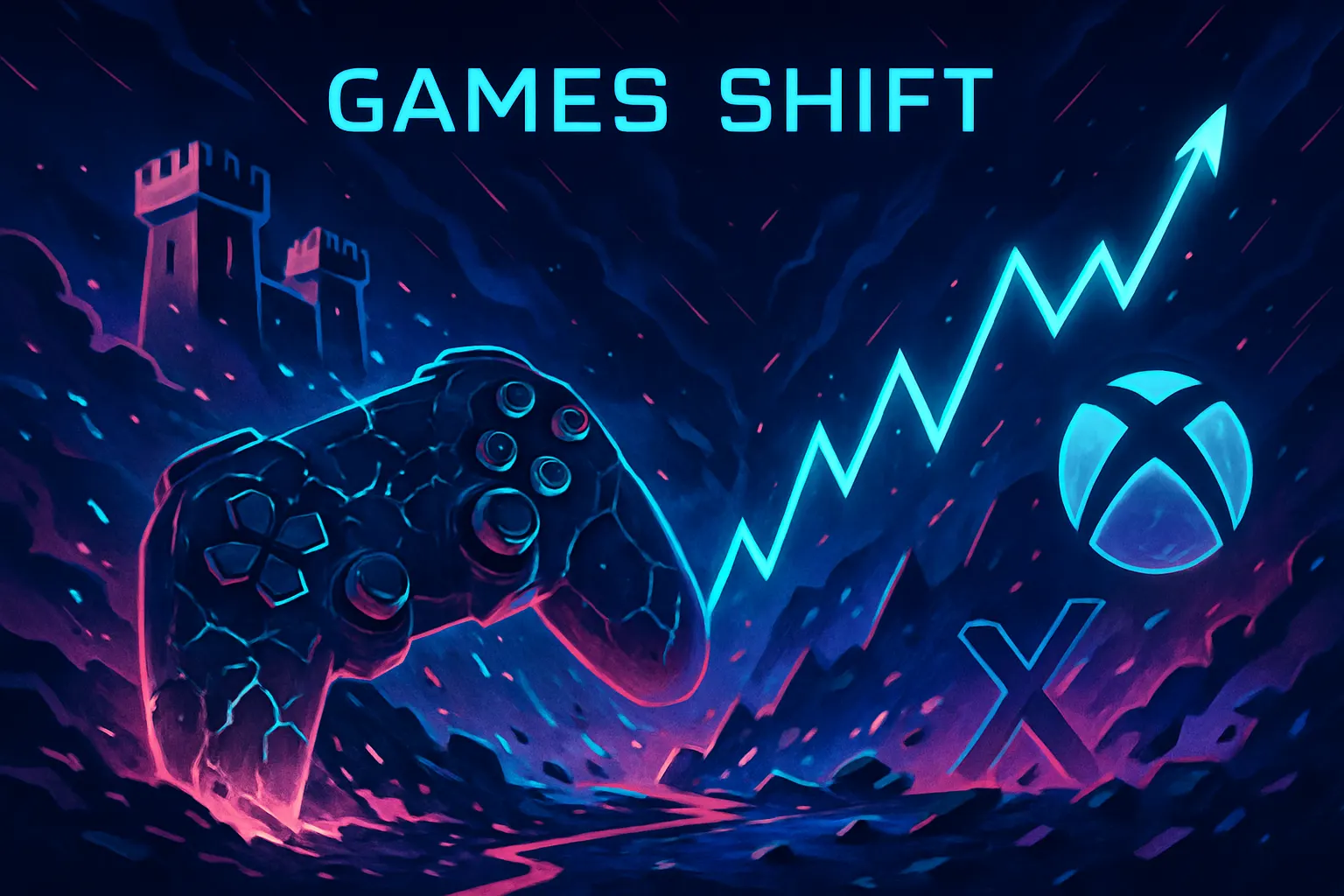 Dynamic neon illustration of a shattered game controller, a rising stock chart, and an Xbox logo, representing the volatile shifts and major news in the gaming industry.
