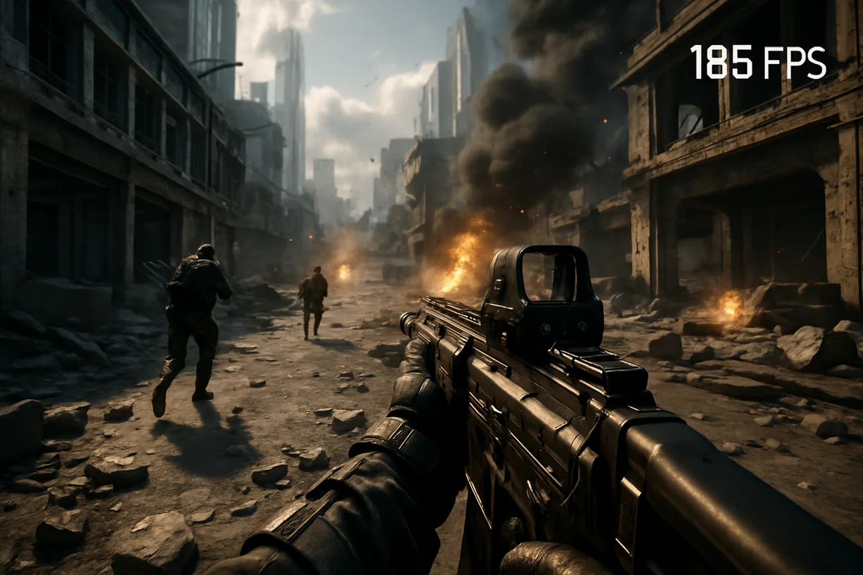 First person view of Battlefield 6 gameplay showing a high frame rate of 185 FPS, illustrating the result of the performance boost and optimization.