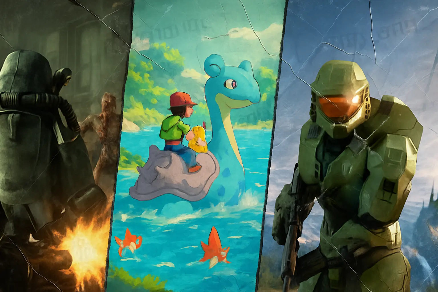 Collage of major gaming rumors featuring Fallout Power Armor, a Pokemon trainer riding Lapras (referencing Pokemon Winds and Waves leak), and Master Chief from Halo, all with a subtle worn paper/confidential effect.