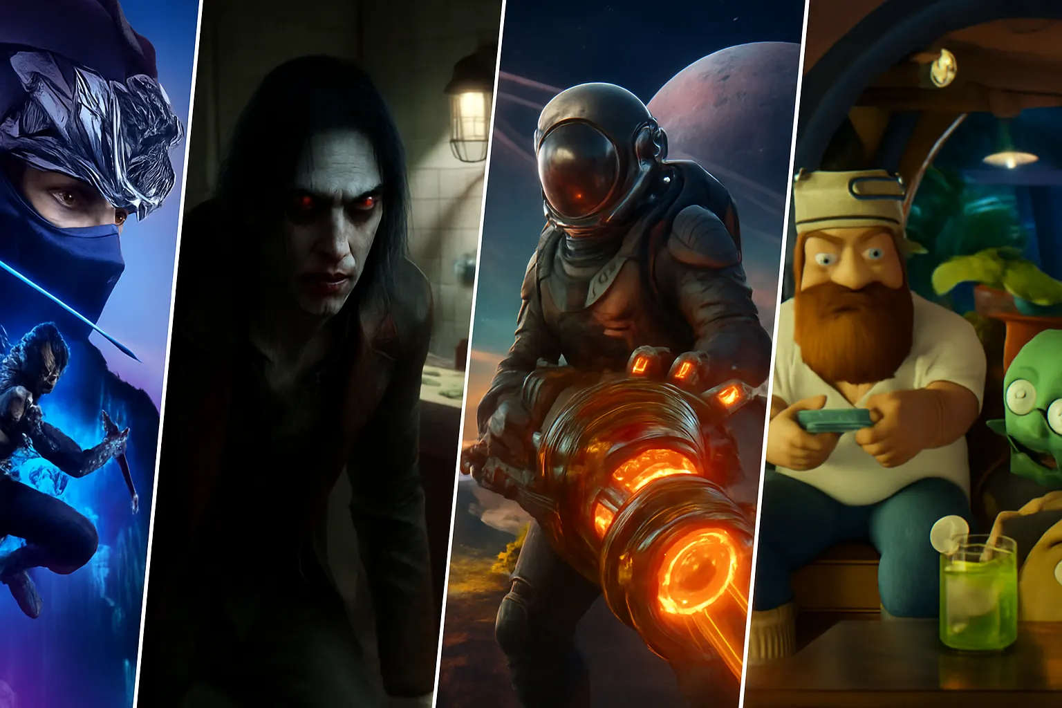 Dynamic collage of new game releases featuring Ninja Gaiden 4, Vampire: The Masquerade - Bloodlines 2, The Outer Worlds 2, and Plants vs. Zombies: Replanted.
