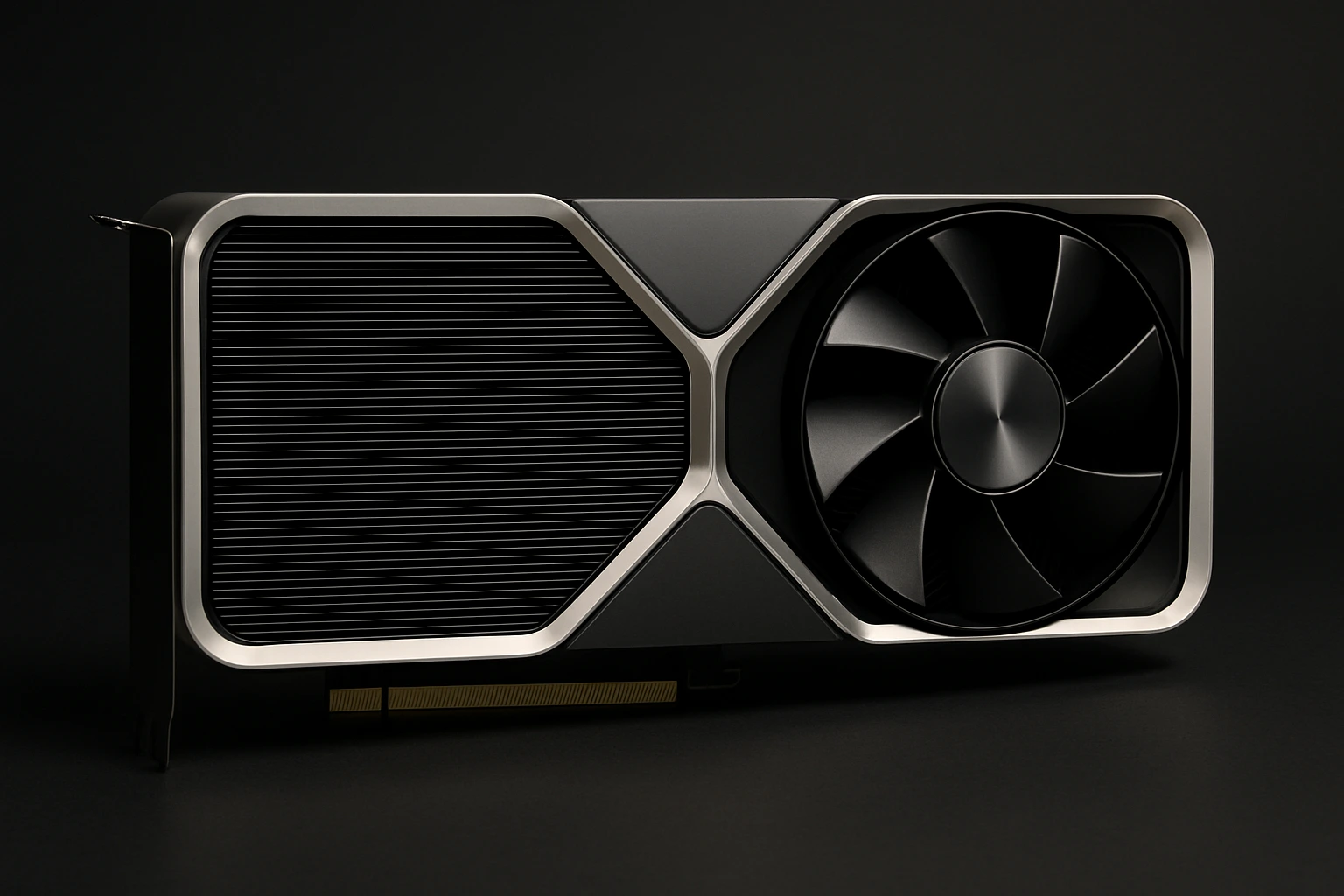 A photorealistic, horizontal image of a premium NVIDIA GeForce RTX 4070 graphics card with a clean, metallic design.