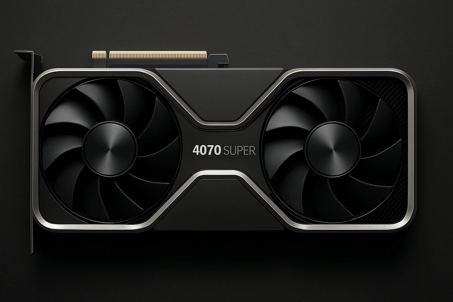 A photorealistic, horizontal image of an NVIDIA GeForce RTX 4070 Super graphics card, featuring a distinctive, high-end cooler design.