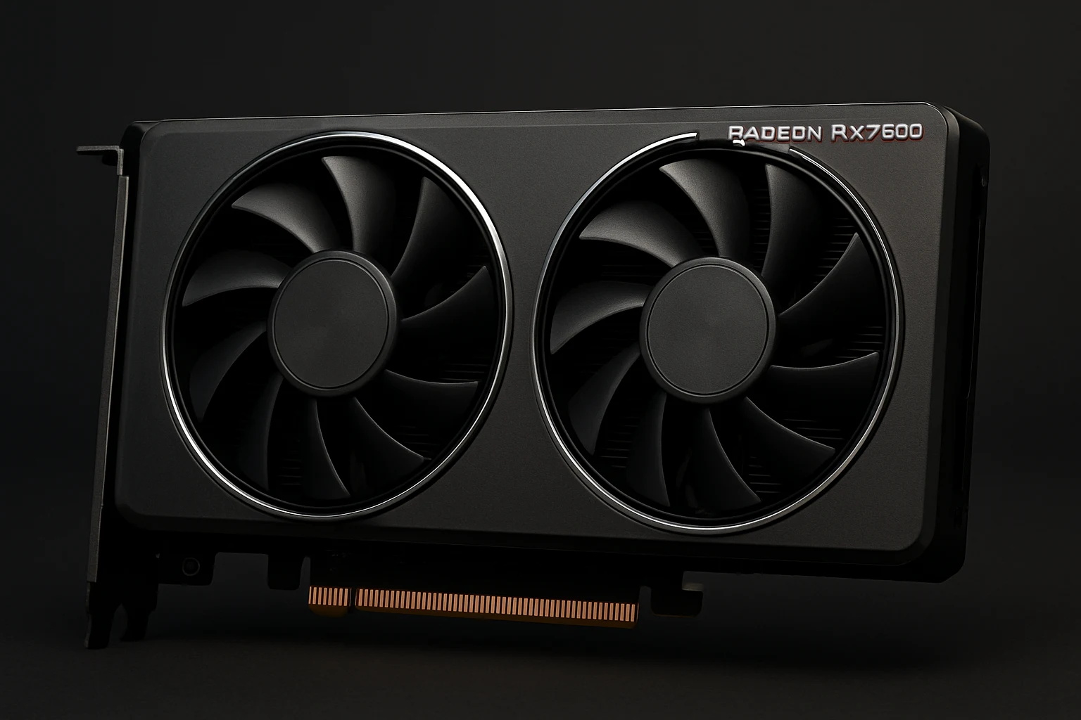 A photorealistic, horizontal image of a modern dual-fan AMD Radeon RX 7600 graphics card on a clean, dark background.