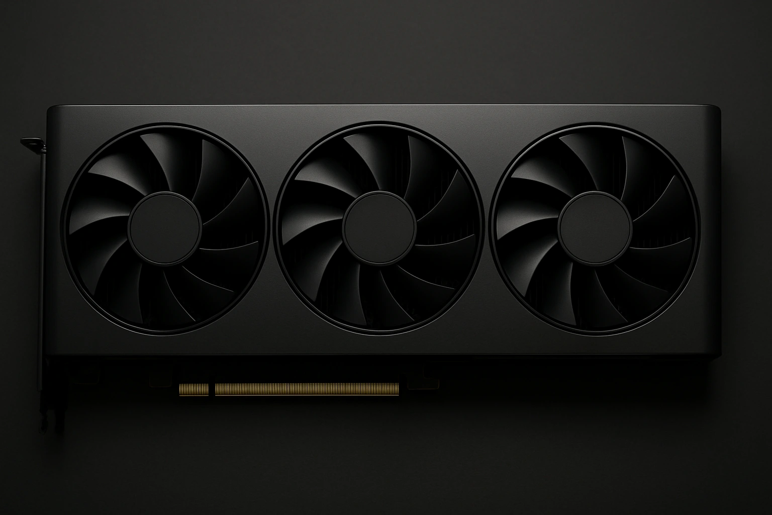 A photorealistic, horizontal image of a triple-fan AMD Radeon RX 7700 XT graphics card with a sleek, black shroud.