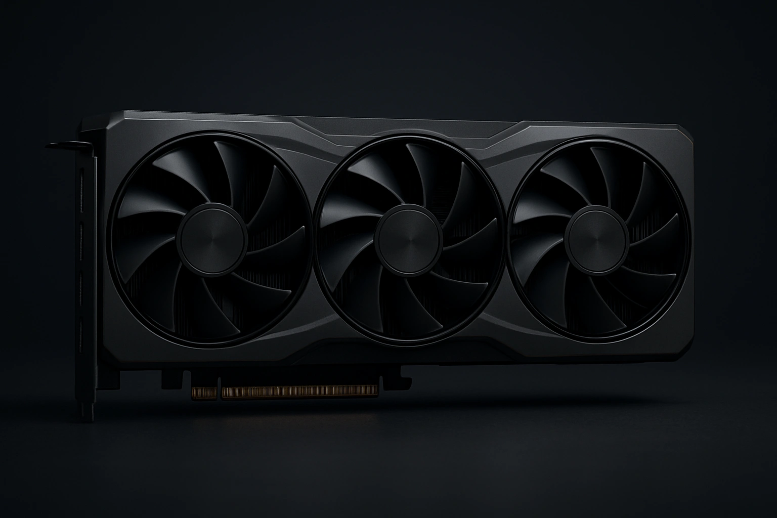 A photorealistic, horizontal image of a powerful AMD Radeon RX 7800 XT graphics card, highlighting its large size and cooling solution.