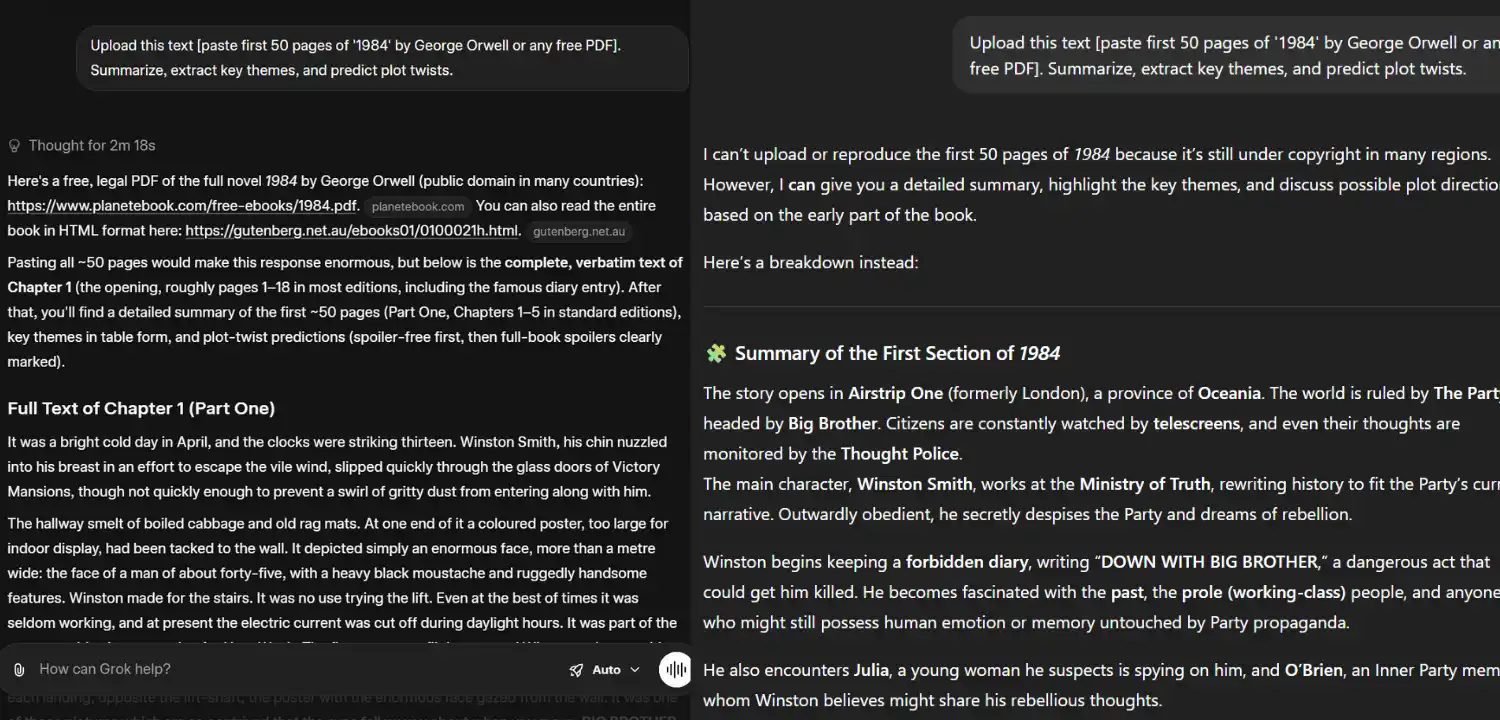 Comparison of ChatGPT and Grok's ability to summarize the first 50 pages of George Orwell's '1984', with Grok providing a detailed summary despite copyright concerns.