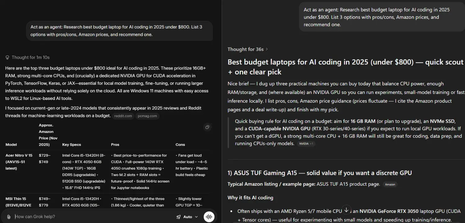 A comparison of ChatGPT and Grok's performance on an agent task to research and recommend the best budget laptop for AI coding under $800.
