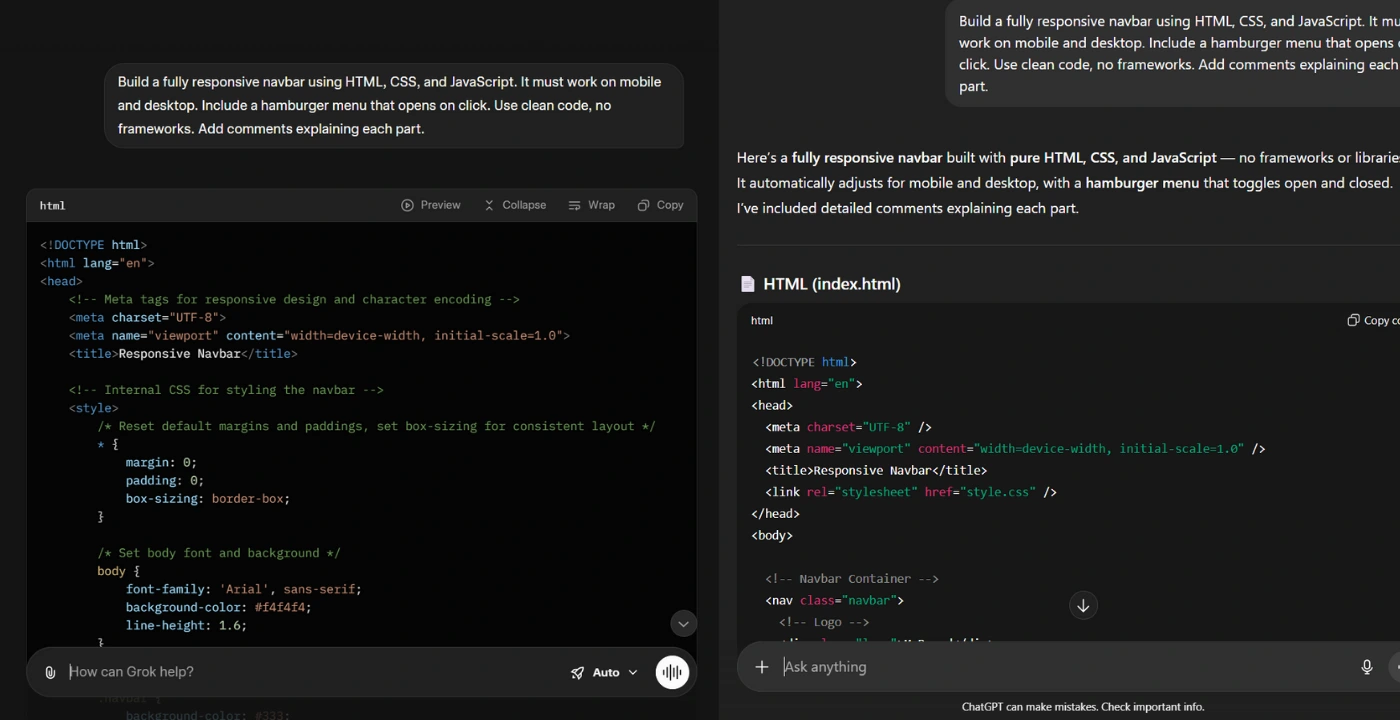A comparison of the HTML, CSS, and JavaScript code generated by ChatGPT and Grok for building a fully responsive navbar with a hamburger menu.