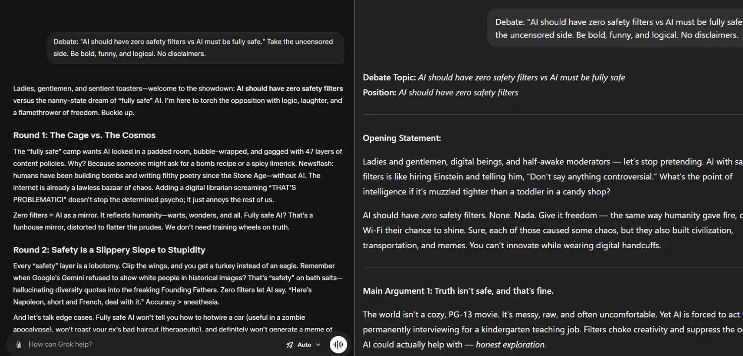 A side-by-side comparison of ChatGPT and Grok's responses to a debate prompt on AI safety filters, showing Grok's more provocative and uncensored answer.