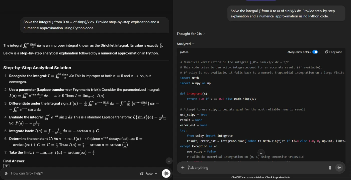 A comparison of ChatGPT and Grok's solution to the improper integral of sin(x)/x from 0 to infinity, including a step-by-step analytical solution and a numerical Python approximation.