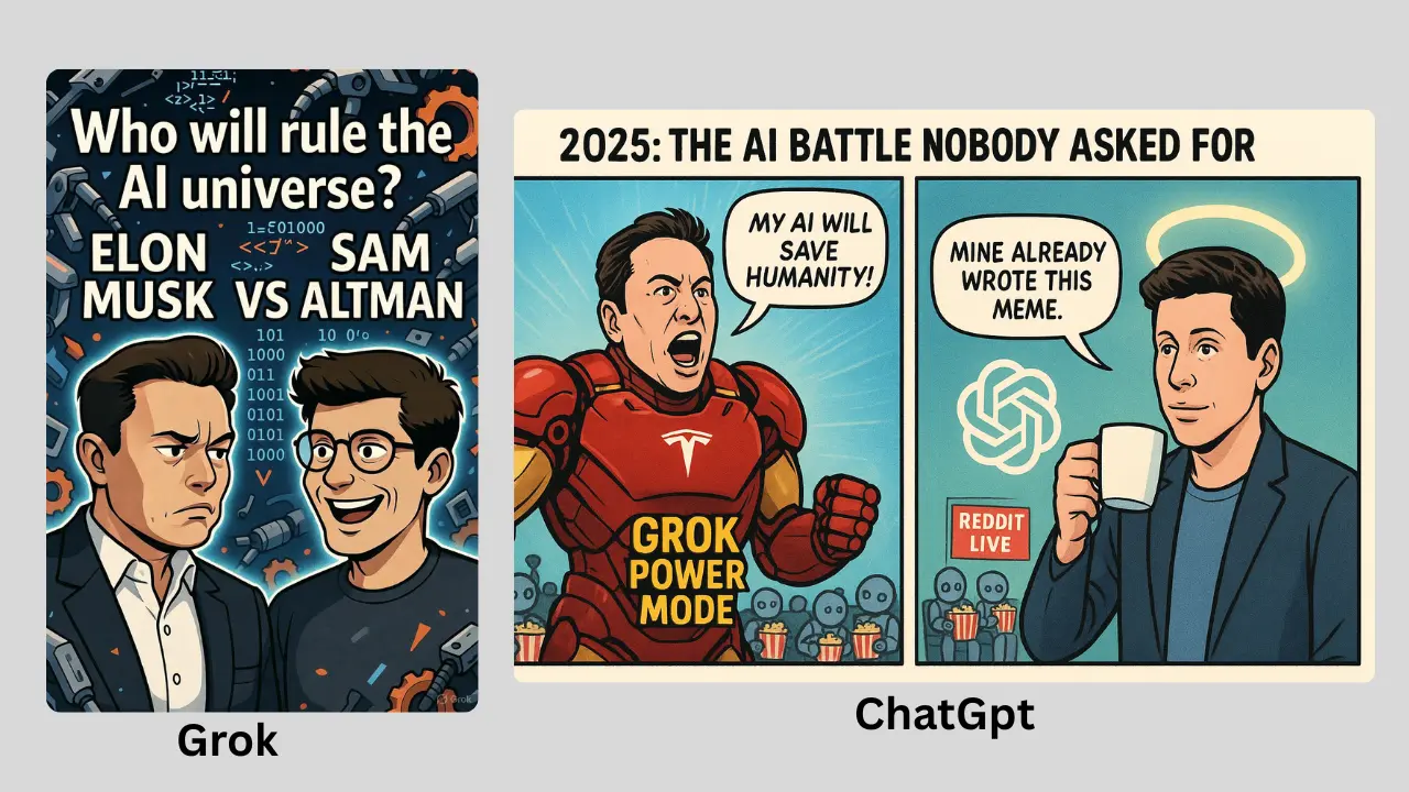 A meme comparison showing Elon Musk (Grok) and Sam Altman (ChatGPT) in a comic book style, with Grok saying "My AI will save humanity!" and ChatGPT saying "Mine already wrote this meme."