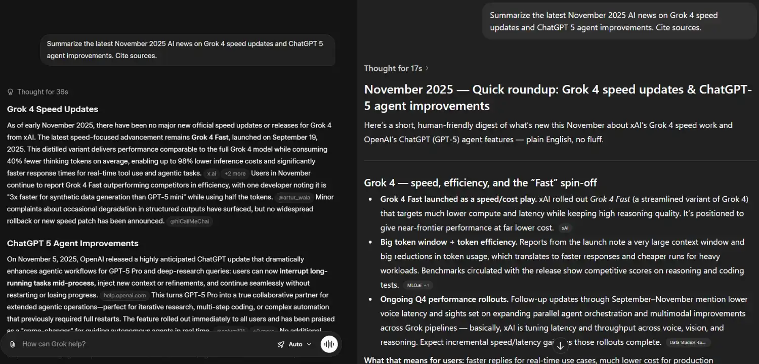 A side-by-side summary of the latest November 2025 news on Grok 4 speed updates and ChatGPT-5 agent improvements.