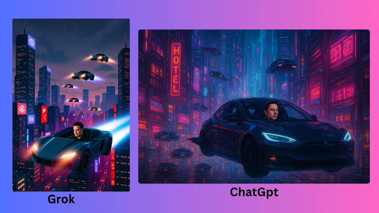 A futuristic, cyberpunk-style image comparison showing Elon Musk driving a flying car in a neon city, with Grok on the left and ChatGPT on the right.