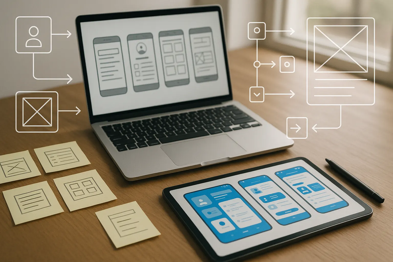 Designer workspace with mobile app wireframes, UX sketches and prototype layouts on desk