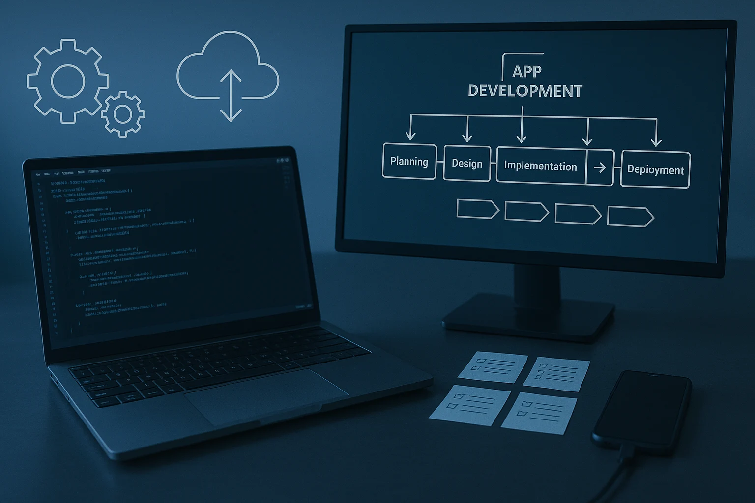 Developer desk with code on laptop, workflow chart on screen and app development tasks arranged neatly