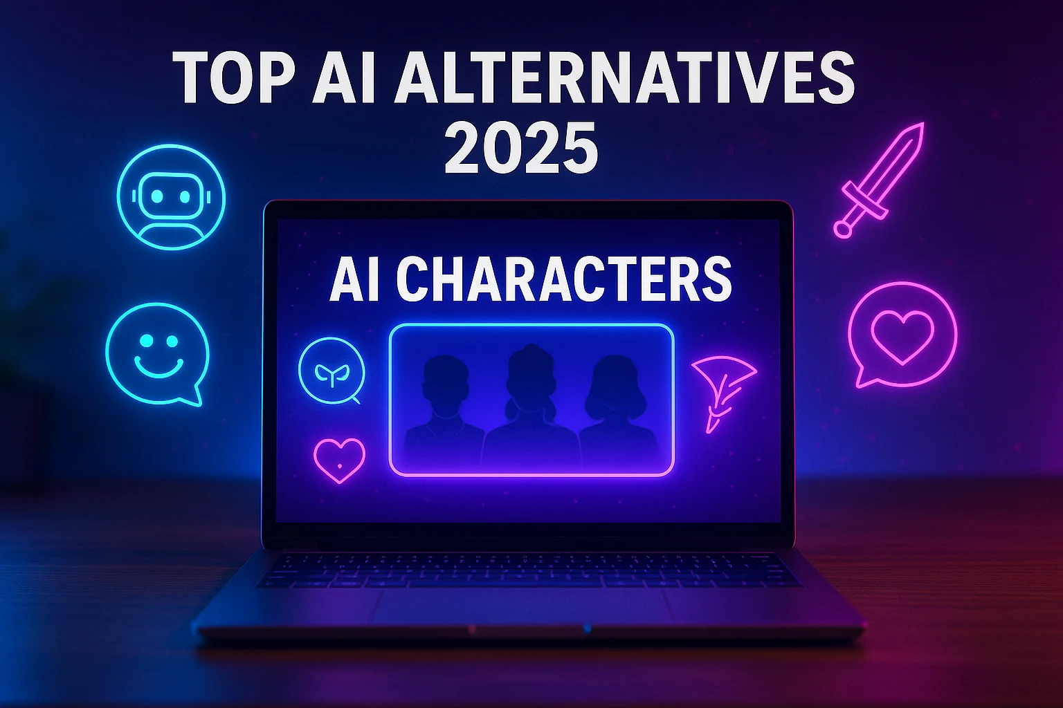 10 Best Character AI Alternatives (Free & Paid) You’ll Love Realistic tech desk with laptop showing Character AI alternatives in neon style