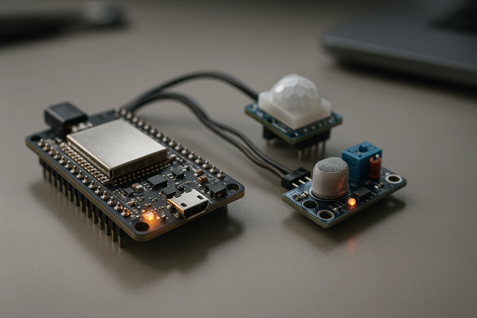Realistic close-up of an IoT microcontroller with connected sensor modules