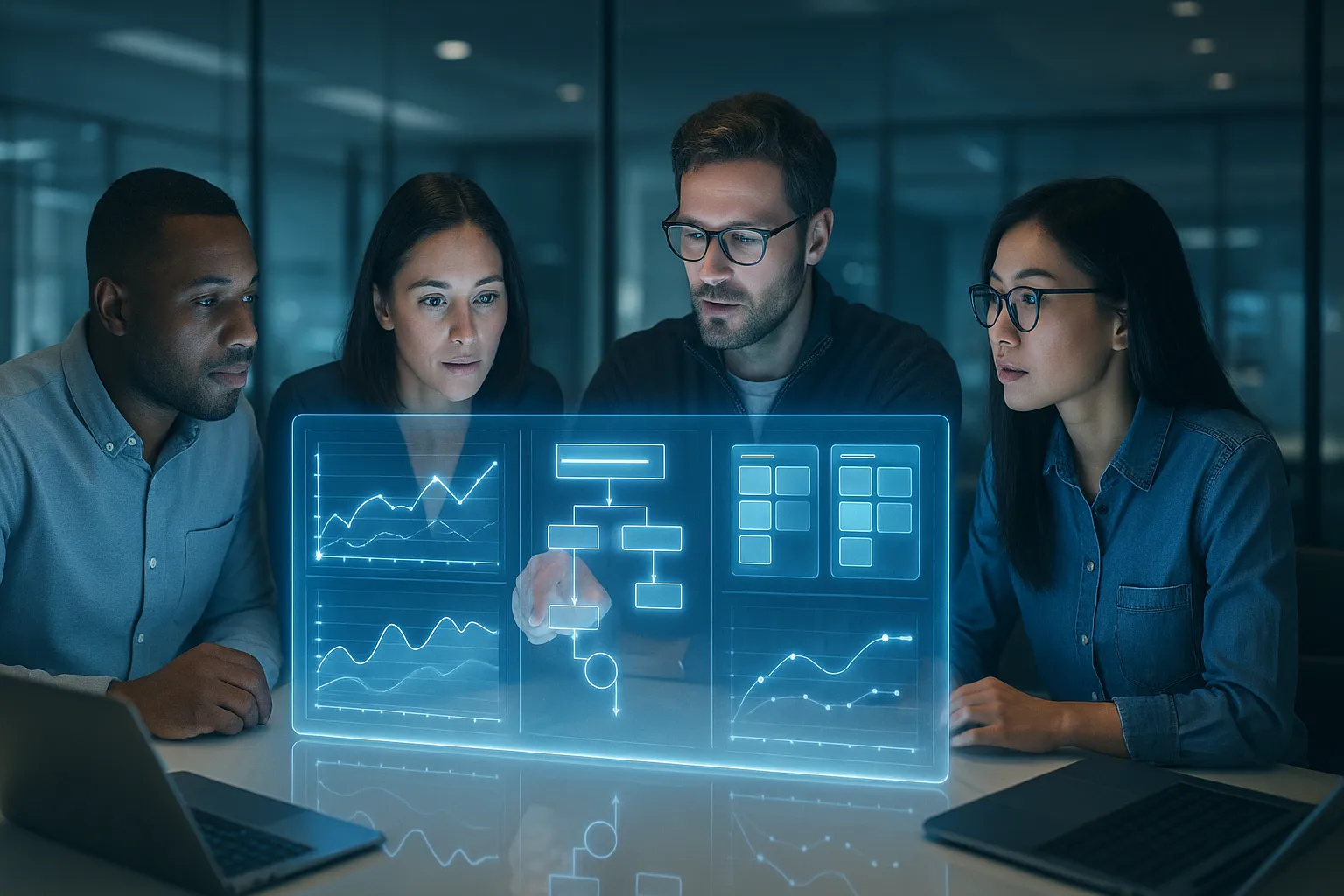 How Tech Teams Use Scaled Agile to Drive Digital Transformation A modern tech team collaborating around a glowing holographic dashboard, showcasing charts and workflow visuals that represent digital transformation scale agile solutions in a futuristic office setting.