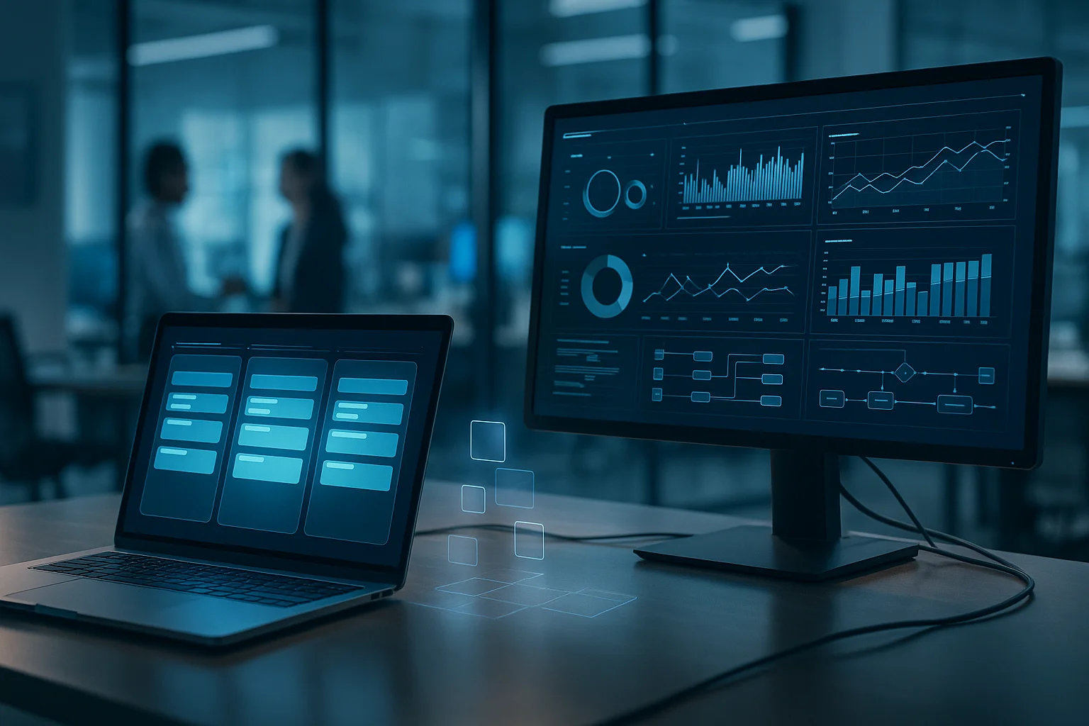 Realistic workspace showing agile tools and digital dashboards for tech teams.