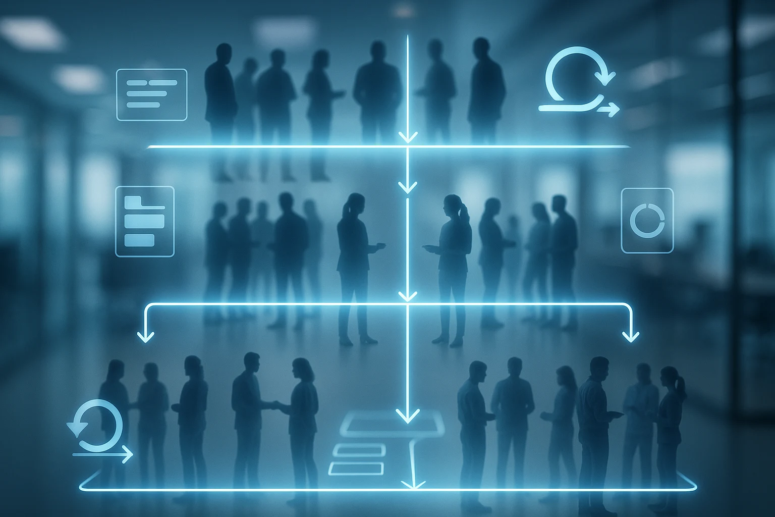 Layered agile at scale framework with connected teams and workflow lines.