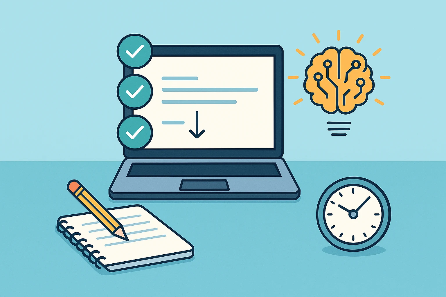 A clean horizontal illustration showing a step-by-step workflow with a laptop, checklist icons, an AI brain symbol, a notebook, and a clock, representing an organized study process.