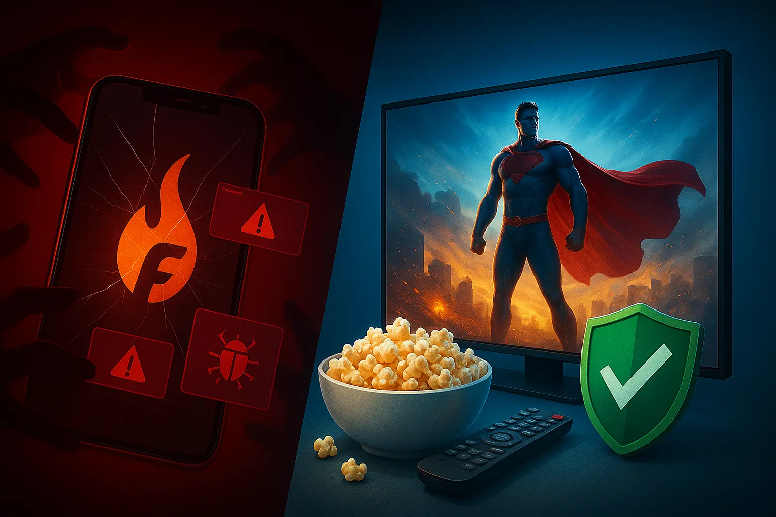 Is FlixHQ Safe in 2025? Risks, Review & Best Alternatives Split screen showing cracked phone with FlixHQ logo and virus alerts on left, safe legal streaming on TV with checkmark on right