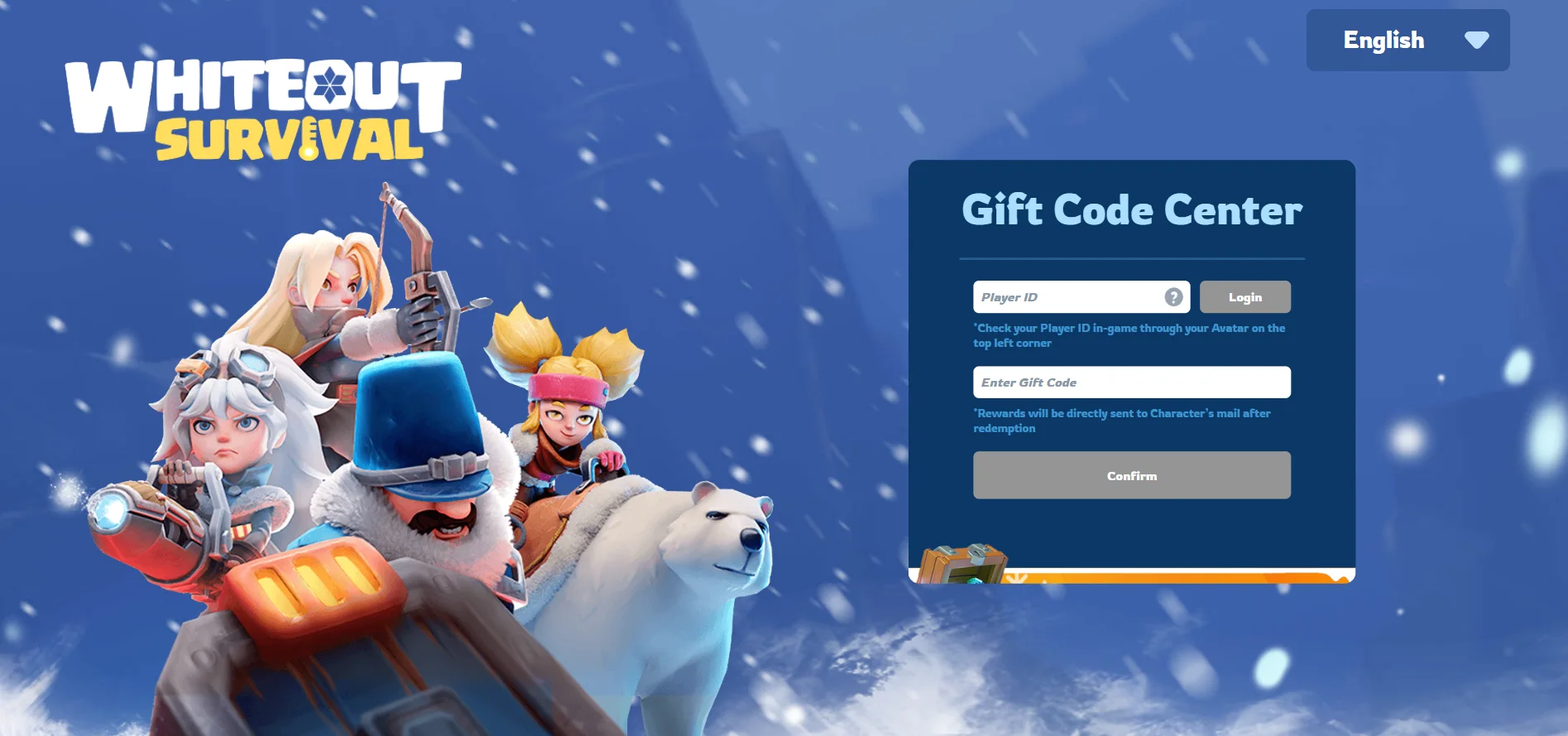 Whiteout Survival gift code redemption center showing Player ID and Enter Gift Code fields on official website
