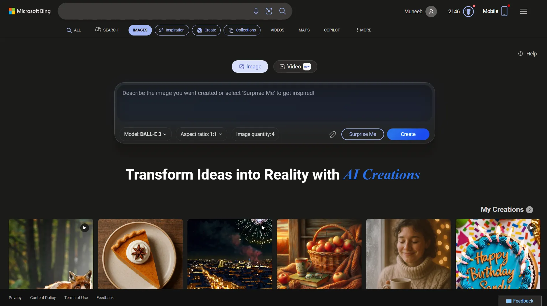 Bing Image Creator Dashboard Interface
