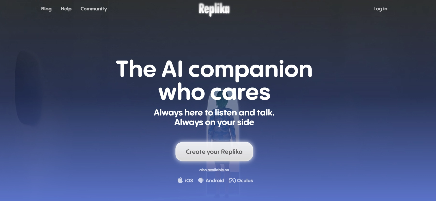 Replika homepage with slogan about AI companion chatting and emotional support