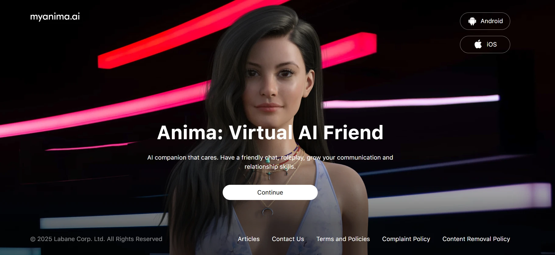 Anima AI homepage with virtual character and neon light background