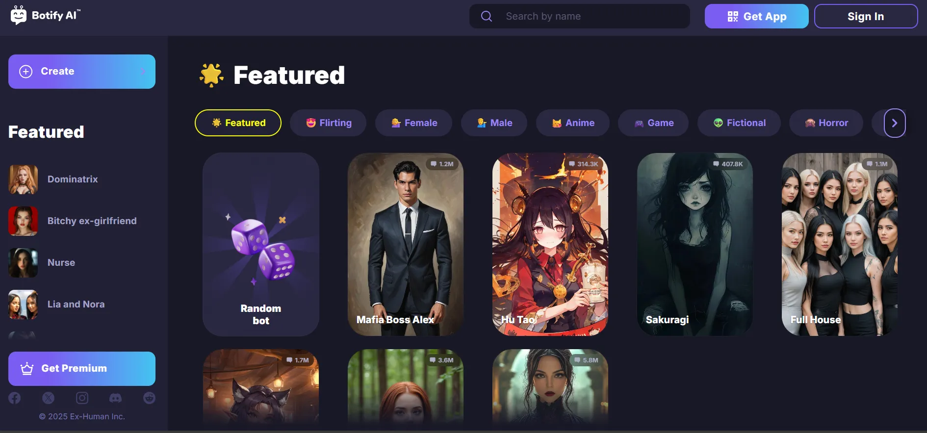 Botify AI dashboard showcasing character cards and featured chat categories