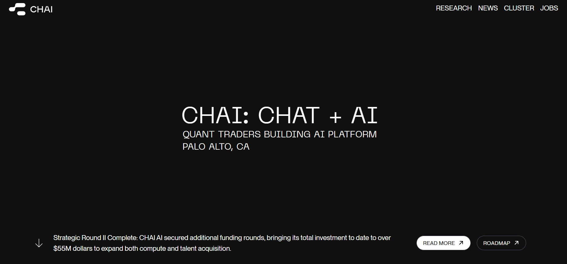 Chai AI homepage with minimal black design and CHAT + AI headline