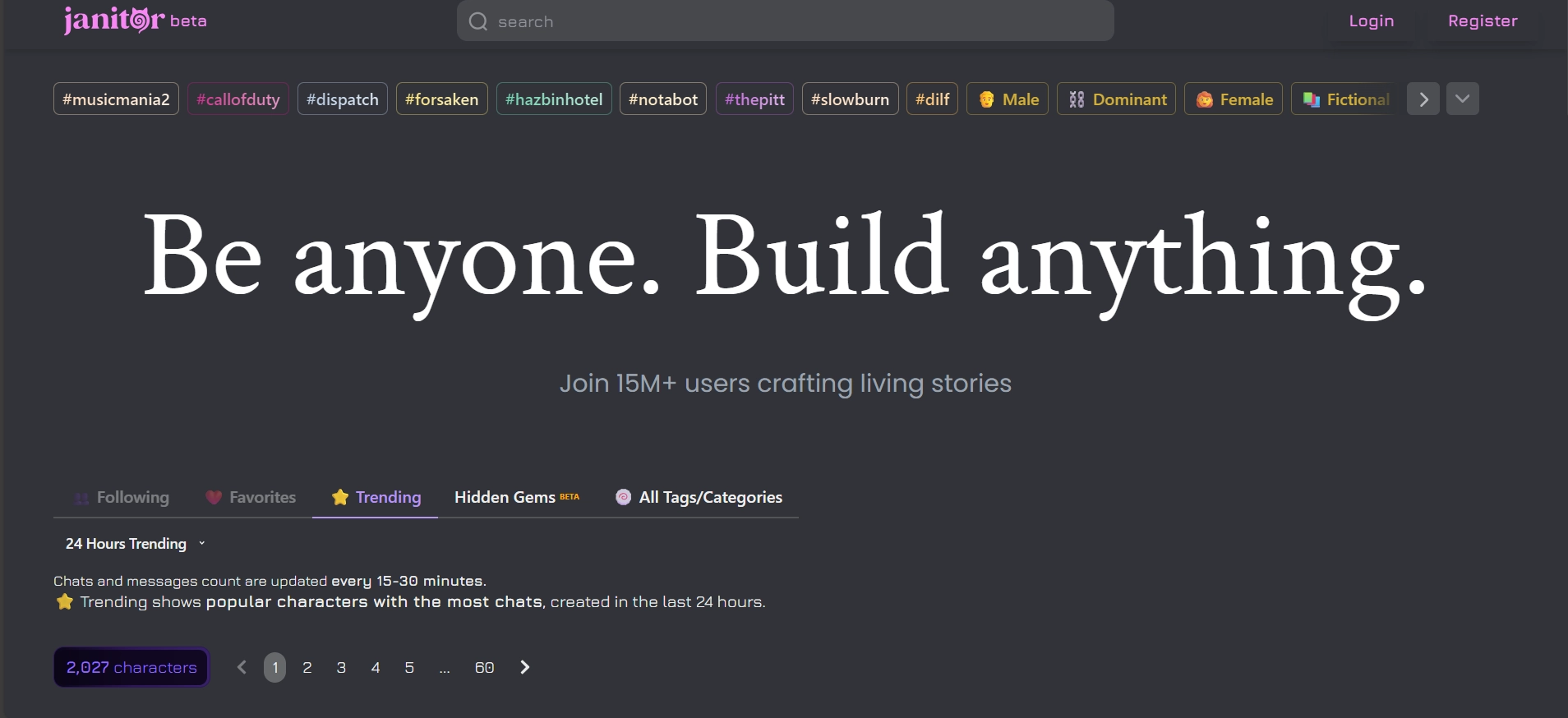 Janitor AI trending characters page with search bar and category tags