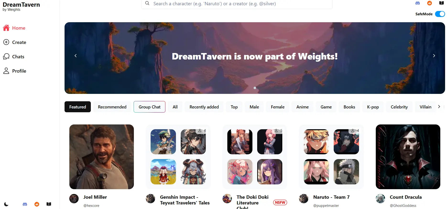 Screenshot of the DreamTavern by Weights homepage featuring a character selection grid.