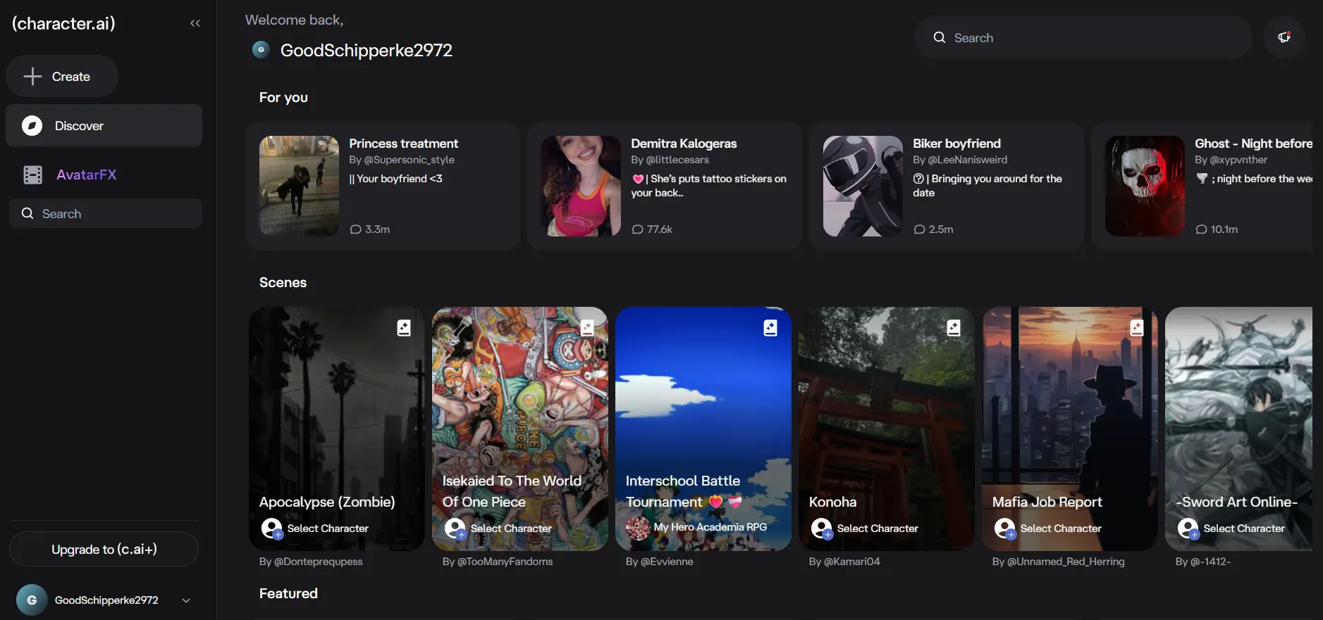 Screenshot of the Character.ai homepage showing a list of AI characters and scenes.
