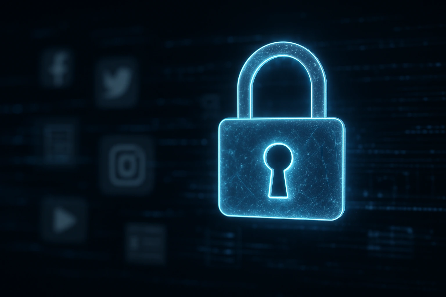 Digital illustration of a glowing blue padlock over blurred social media logos, representing Bigo Live data safety and user privacy concerns.